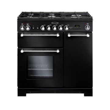 Rangemaster KCH90DFFBL/C, Kitchener Dual Fuel 90cm Range Cooker,Black with Chrome Trim
