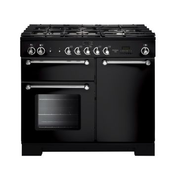 Rangemaster KCH100DFFBL/C, Kitchener Dual Fuel 100cm Range Cooker,Black with Chrome Trim