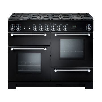 Rangemaster KCH110DFFBL/C, Kitchener Dual Fuel 110cm Range Cooker,Black with Chrome Trim