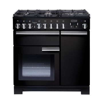 Rangemaster PDL90DFFGB/C, Professional Deluxe Dual Fuel 90cm Range Cooker,Gloss Black with Chrome Trim