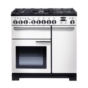 Rangemaster PDL90DFFWH/C, Professional Deluxe Dual Fuel 90cm Range Cooker,White with Chrome Trim