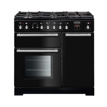 Rangemaster TOLP90DFFGB/C, Toledo+ Dual Fuel 90cm Range Cooker,Gloss Black with Chrome Trim