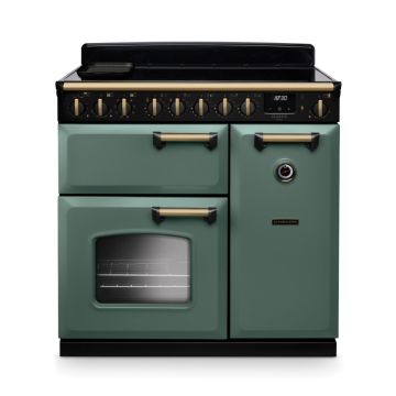 Rangemaster  CLDL90EIPMGR/AB1, Classic Deluxe 90cm Induction Range Cooker, Mineral Green with Antique Brass Trim